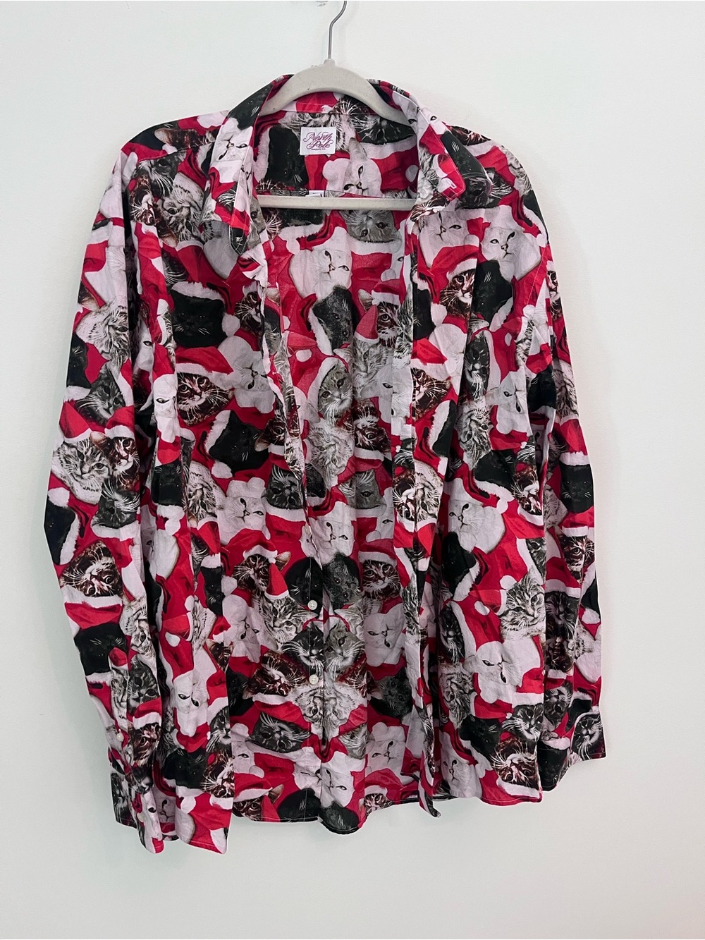 Men’s Christmas Red Cat-Print Button Front Shirt 2X